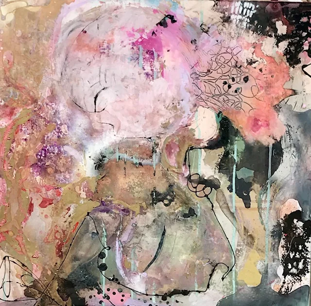 Original abstract canvas in blush, gold, and charcoal