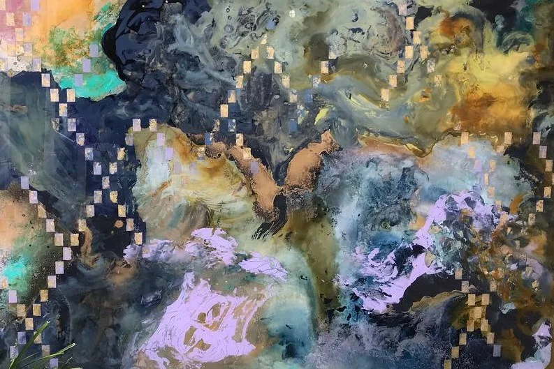 Harlequin Dream — original canvas in gold, violet, and deep teal with a harlequin lattice
