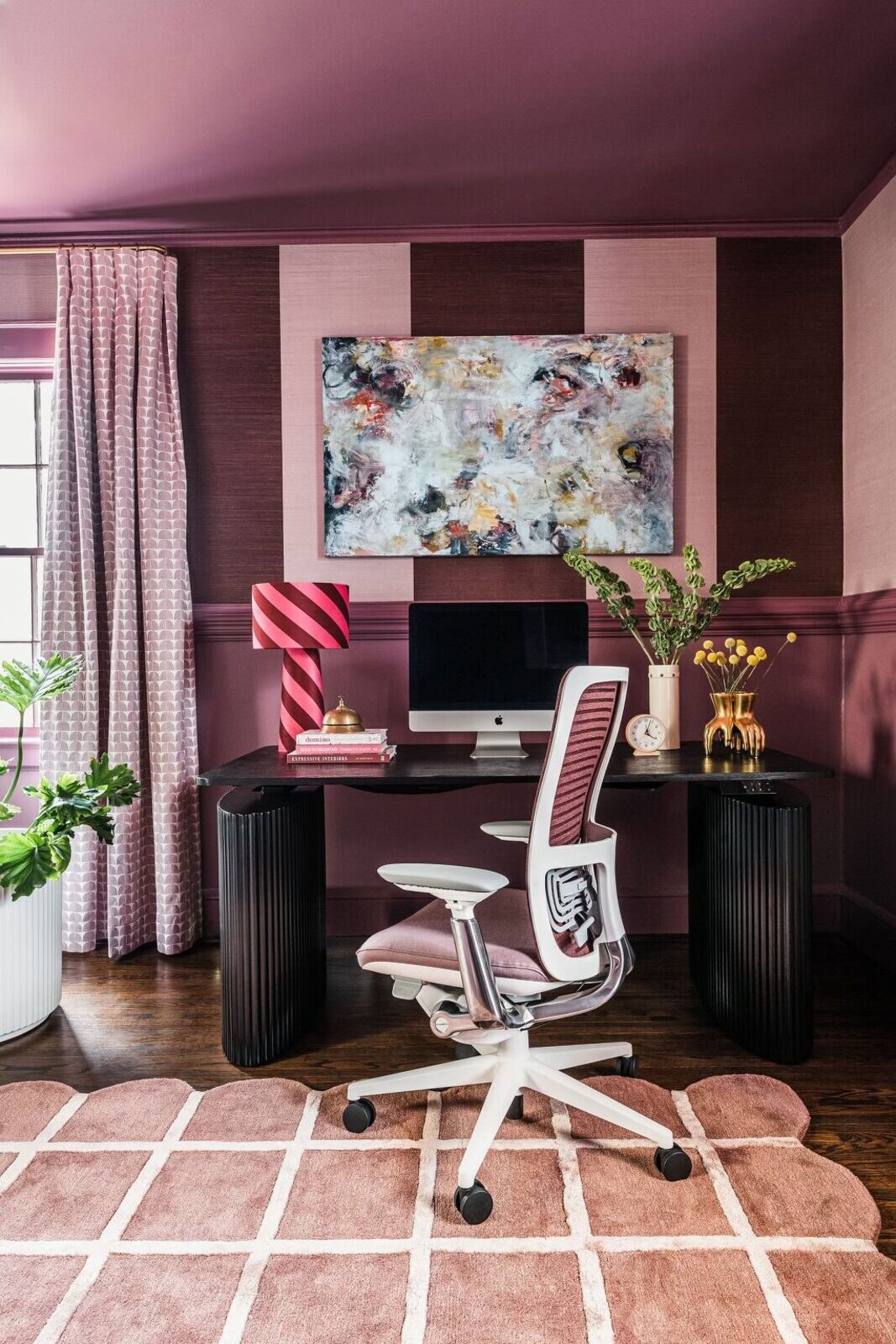 Custom abstract canvas in a powder room with checkerboard floor
