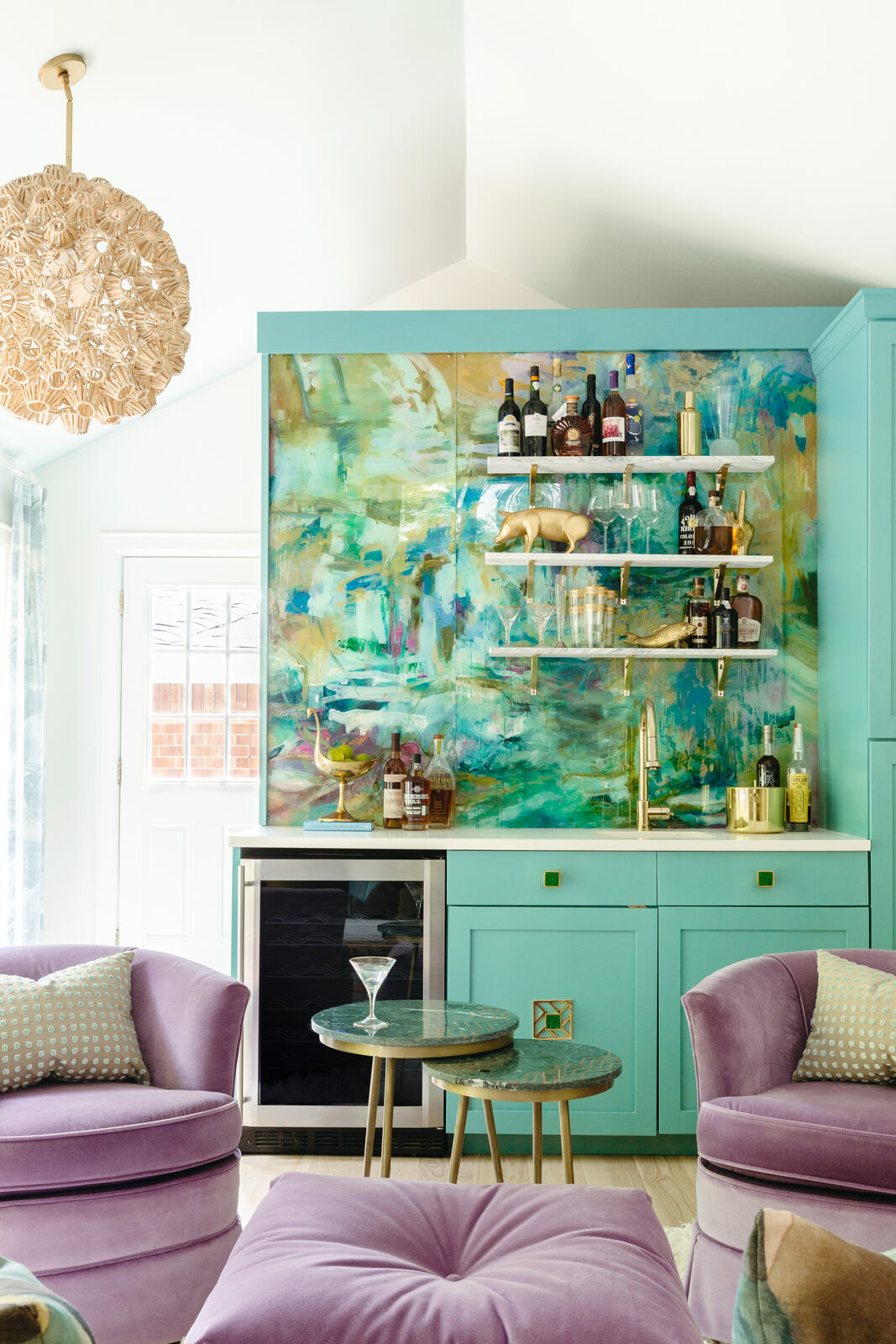 She Shed bar with LUCiTE art backsplash and lavender seating